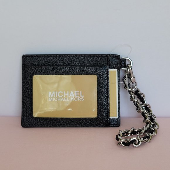 MICHAEL KORS Jet Set Small ID Pebbled Leather Chain Card Holder Case- Black⭐ - Picture 8 of 16
